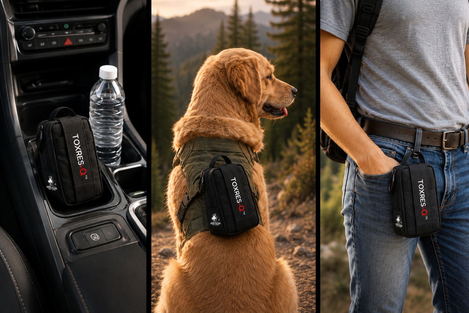 Three photographs of the TOXRES-Q pouch: in a car’s centre console beside a water bottle; attached to a dog’s harness on a mountain trail; and clipped to a person’s belt.