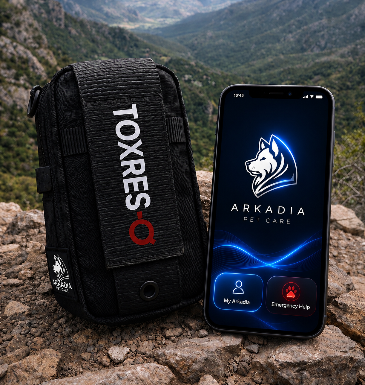 The TOXRES-Q pouch on a rocky mountain lookout beside a smartphone showing the Arkadia Pet Care app screen, with a forested valley behind.
