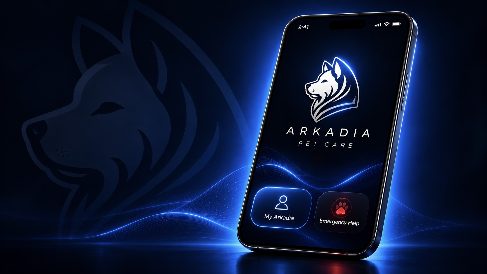 The Arkadia Pet Care companion app on a phone: the Arkadia logo above two entries, My Arkadia and a red paw for Emergency Help.