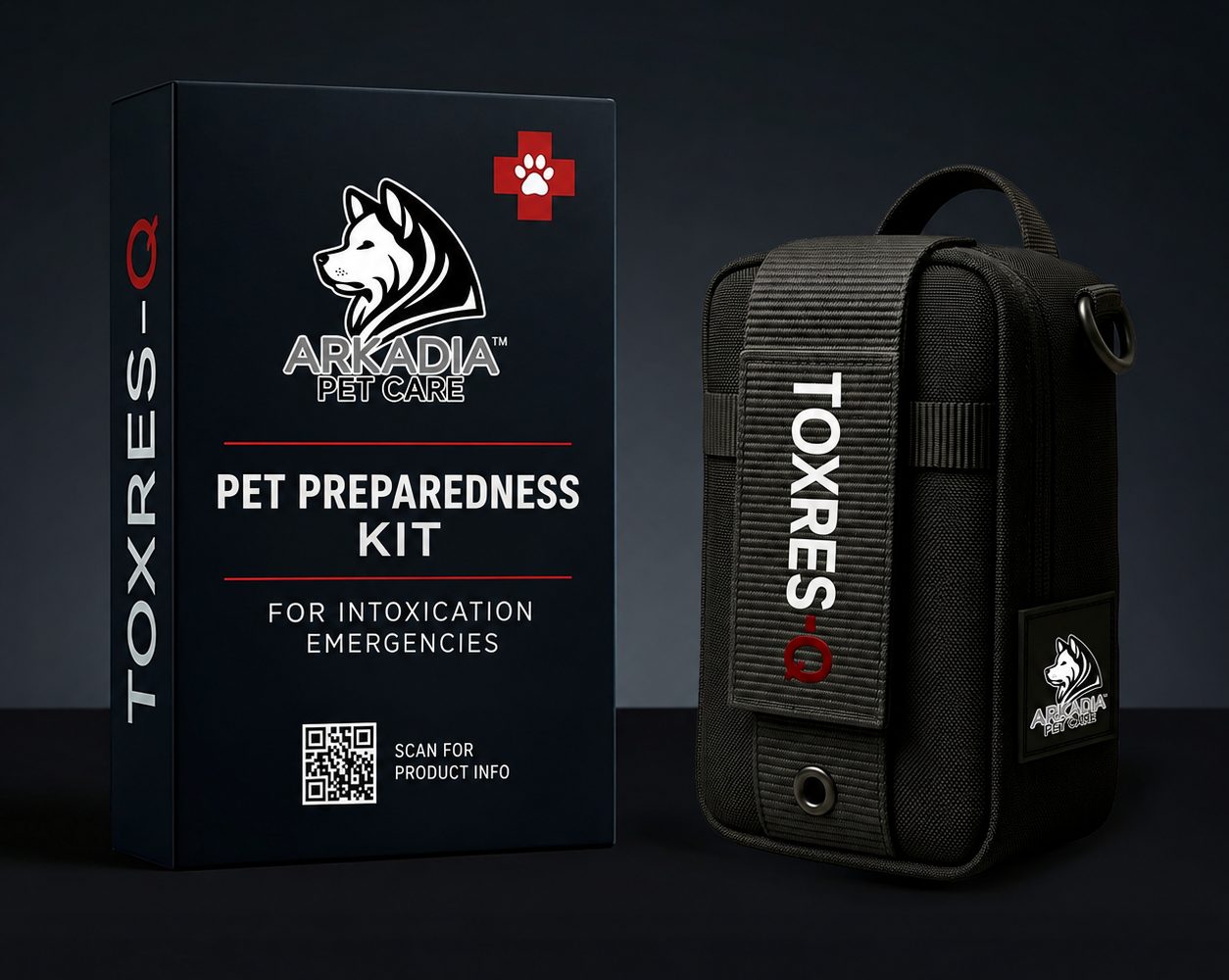 A dark TOXRES-Q retail box labelled Pet Preparedness Kit for Intoxication Emergencies, standing beside a closed black TOXRES-Q pouch.