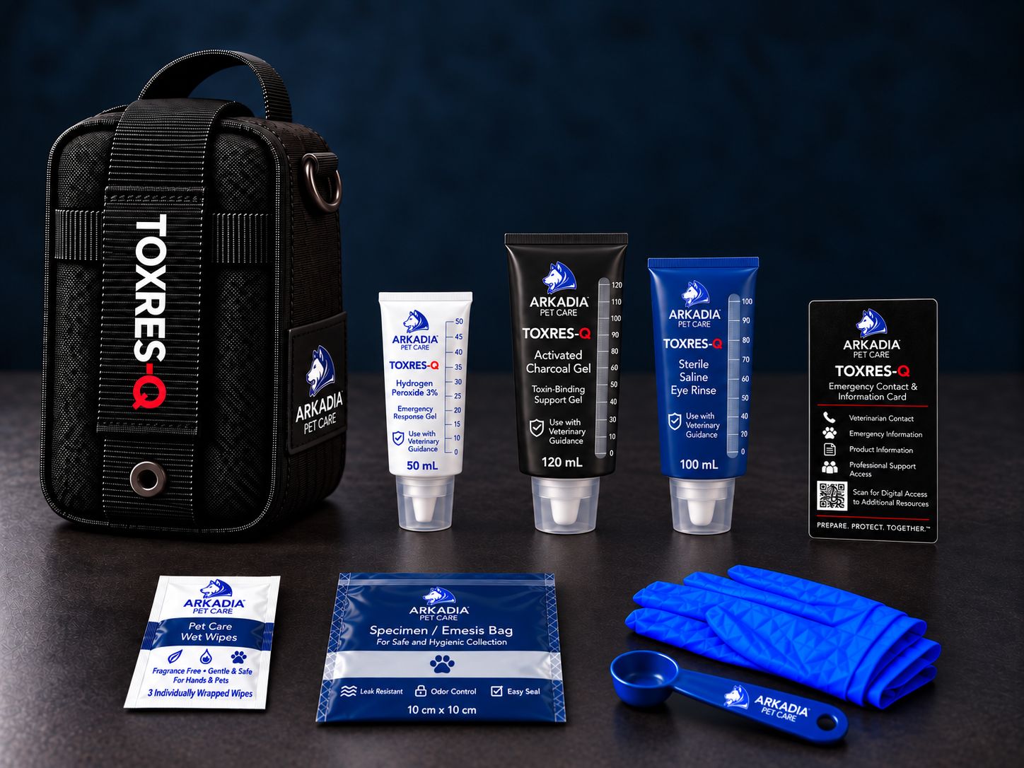 The TOXRES-Q system laid out on a dark surface: a black portable pouch beside three calibrated dispensers, an emergency information card, wet wipes, a specimen bag, protective gloves and a small scoop.